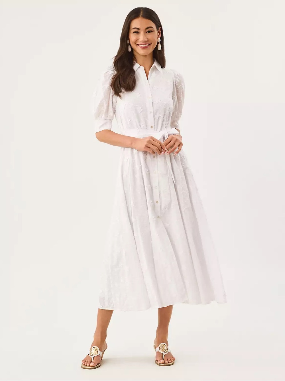 White Button-Front Midi Dress with Belt